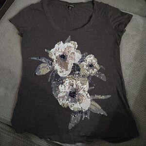 Express Dark Gray Floral Sequin Top